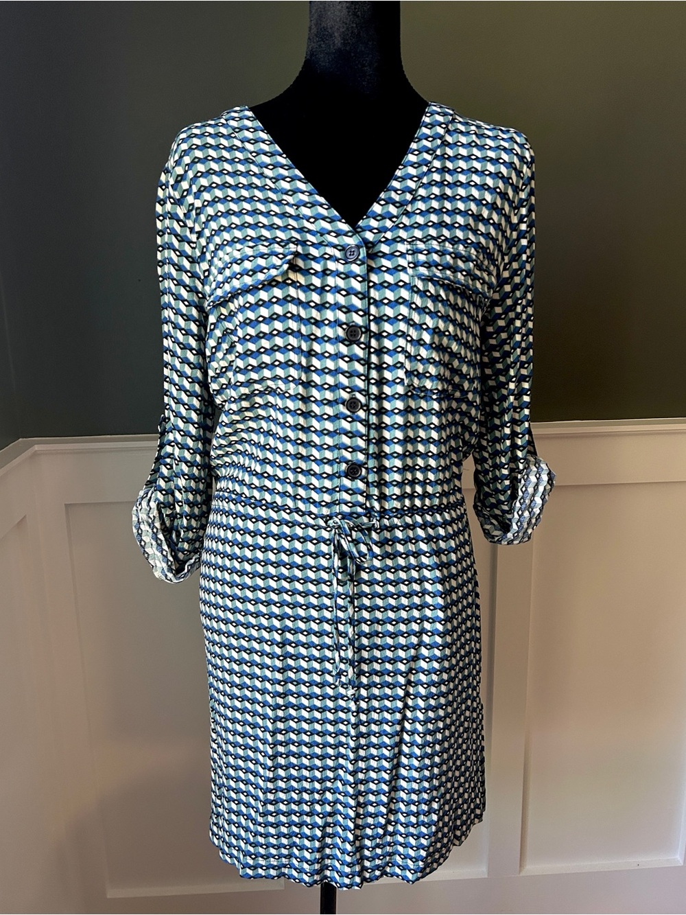 Max Studio Button Front Tie Waist Shirt Dress, EUC